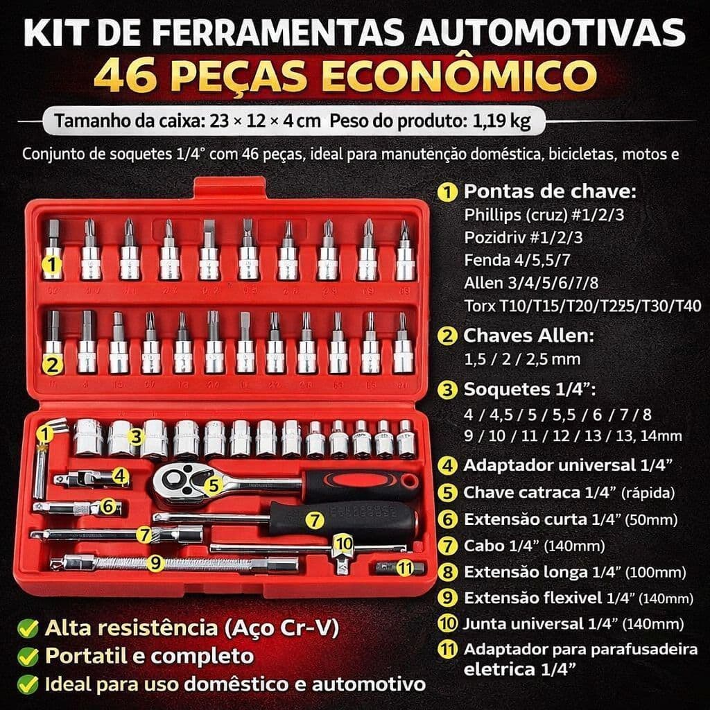 Kit Ferramentas 46 Peças 1/4 Catraca Aço Cr-V Completo Portátil Multiuso Casa Carro Moto Reparo