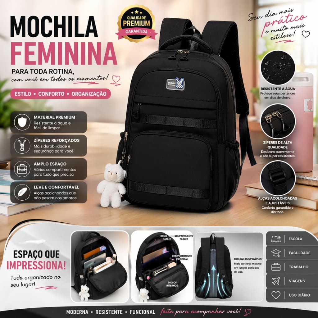 Mochila Feminina Coreana Grande Impermeavel Escolar-Trabalho-Viagem PRONTO P/ENTREGA