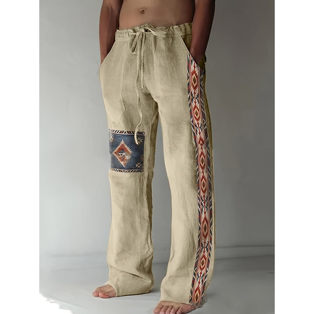 Calças masculinas largas de mistura de algodão com padrão geométrico, com bolsos, respiráveis, com bolsos inclinados, pa