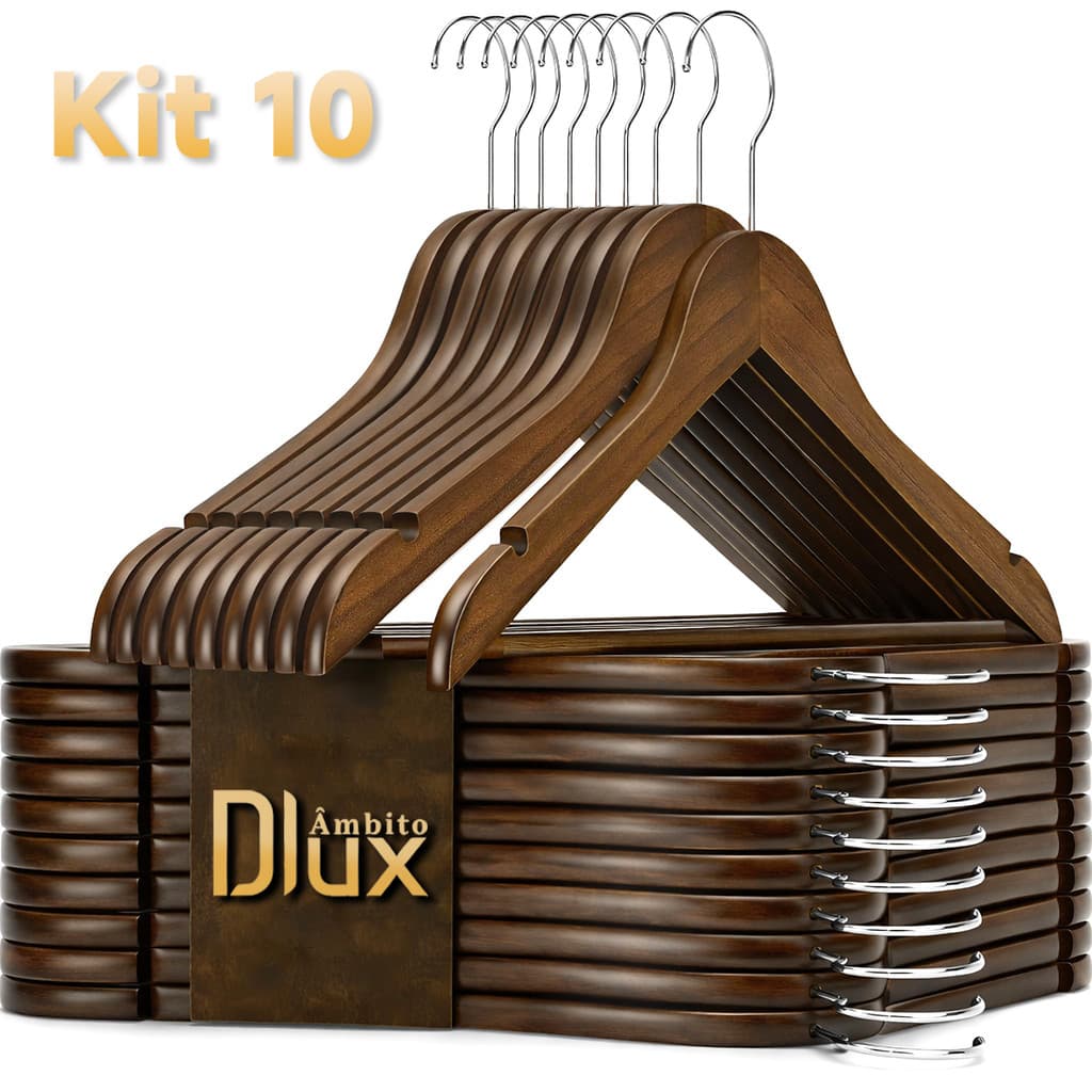 Ambito Dlux Kit 10 Cabides de Madeira Alta Durabilidade 3D Curvo Proteção Ombro Organização Roupa