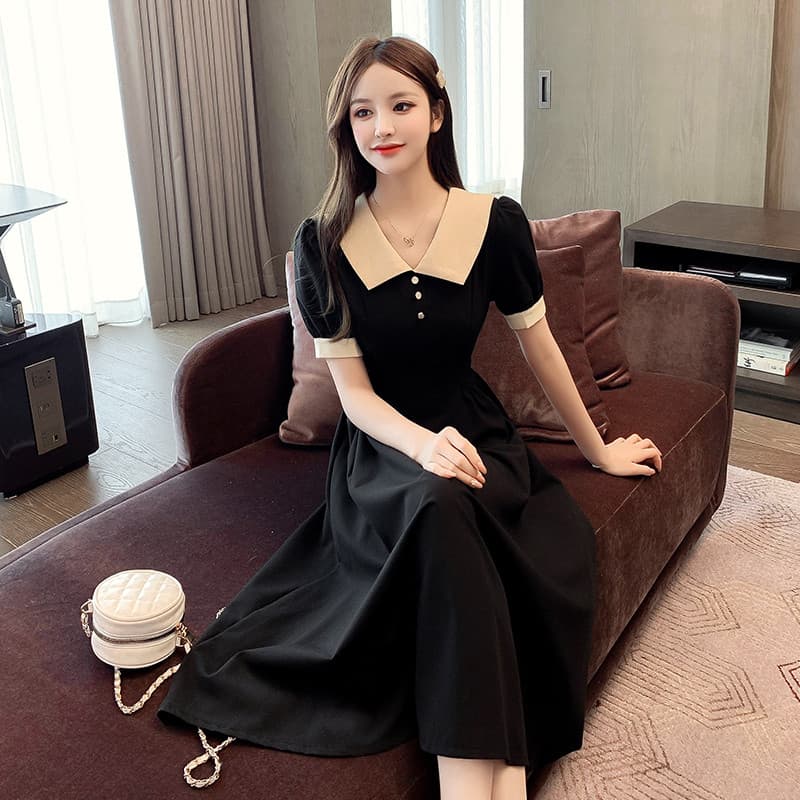Cintura estreita mais magro olhar Retro Hepburn estilo pequeno vestido preto boneca colarinho vestido