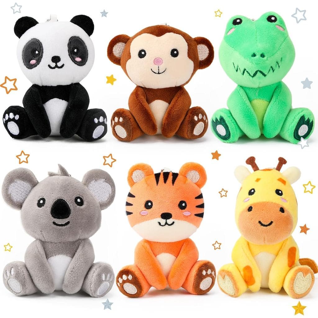 Aoriher 6 Peças de Mini Animais de Pelúcia da Floresta, Chaveiros de 4 polegadas (Panda, Macaco, Crocodilo, Coala, Tigre