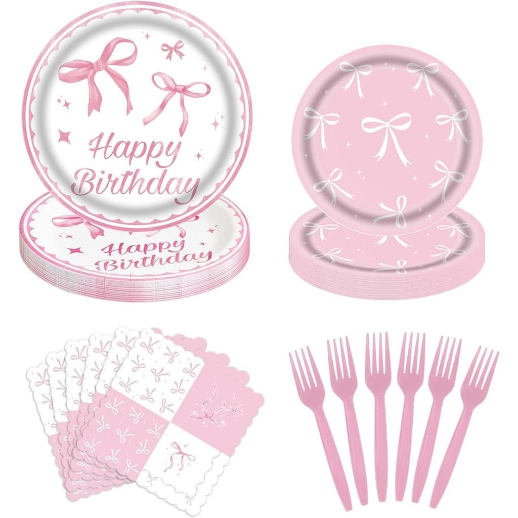80 peças de Suprimentos para Festa de Aniversário com Laço Rosa - Pratos e Guardanapos com Laço Rosa, Conjunto de Utensí