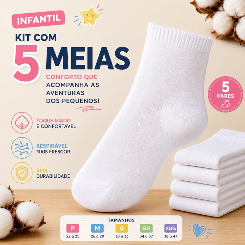 Kit 5 Pares Meias Infantis Cano Curto Algodão Macias Respirável Confortável Menino Menina Branco