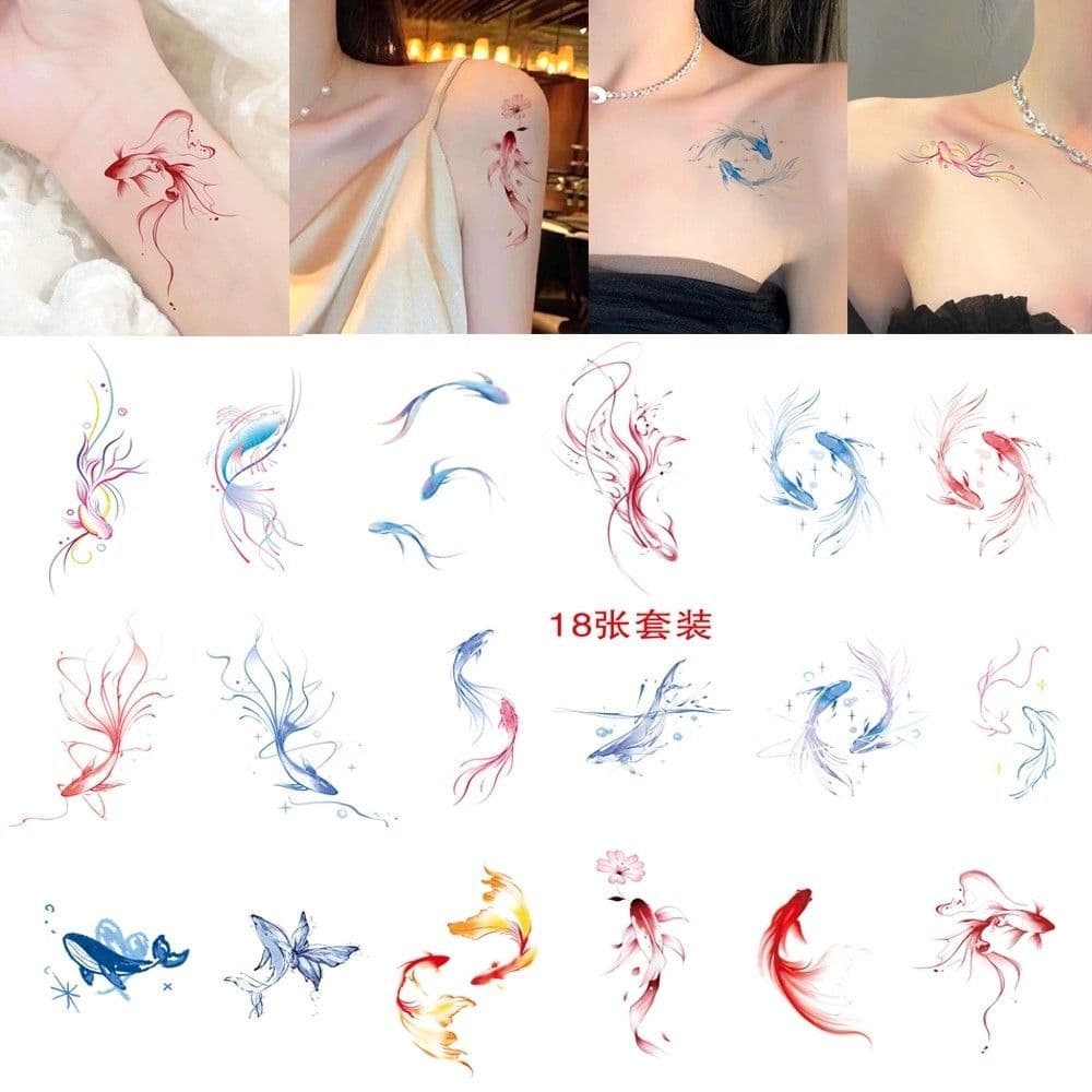 [Novo produto] Adesivos de tatuagem coloridos Koi Goldfish à prova d'água de longa duração para mulheres no peito clavíc