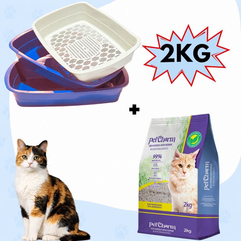 Caixa de Areia Furba Para Gatos + Areia de Gato De Mandioca Natural Biodegradável Pet Charm