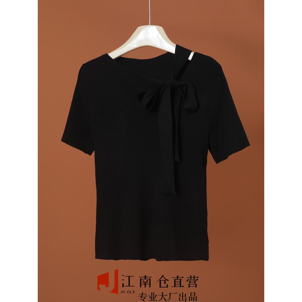 Armazém Jiangnan [Ai NS] High-End Yujie Series High-Elastic Feminino Verão Manga Curta Malha Top Preto Slim-fit Halter