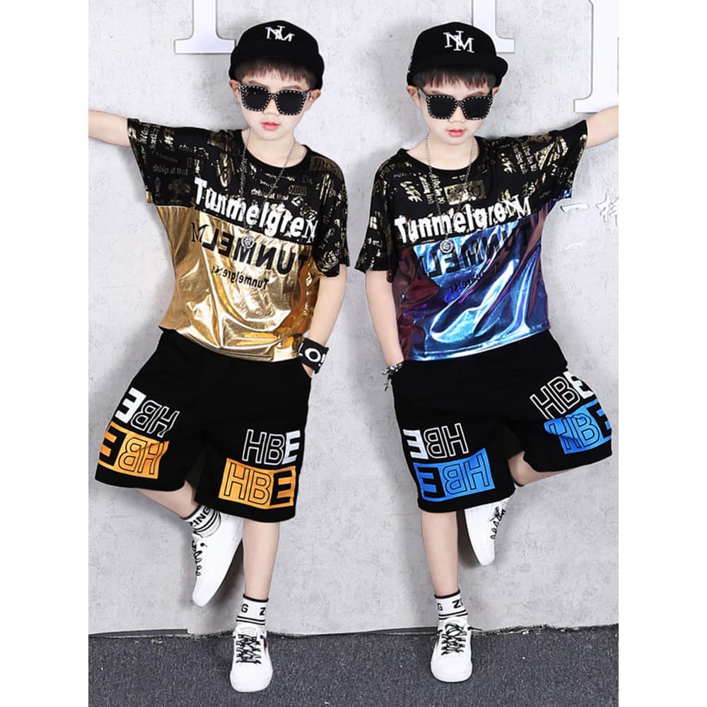Passarela roupas infantis meninos terno de manga curta lantejoulas estudantes da escola primária Hip-Hop dança de rua re