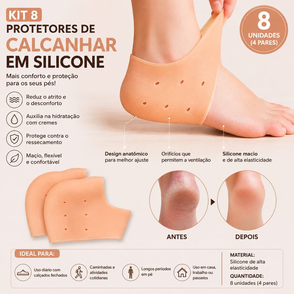 Kit 8 Protetores de Calcanhar em Silicone Premium | Hidratação Intensiva, Alívio de Dor e Proteção Contra Rachaduras