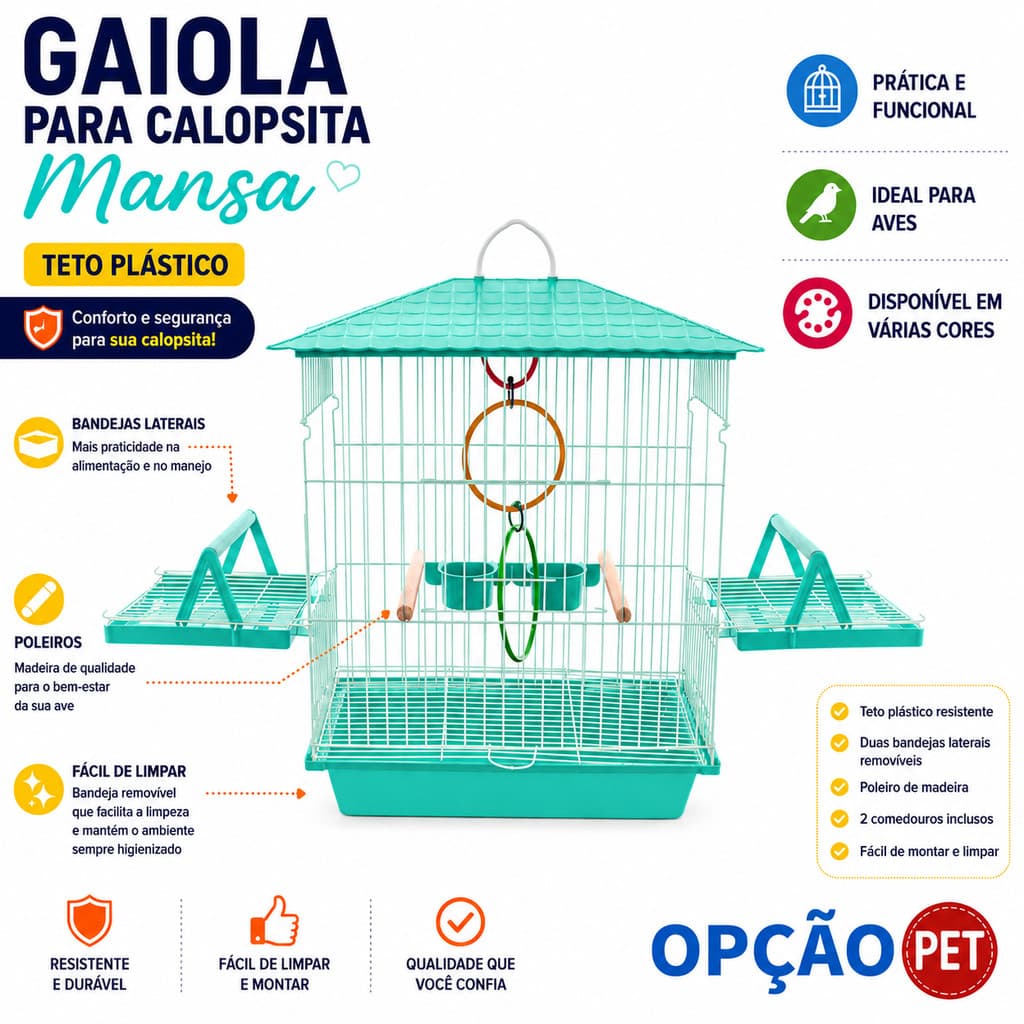 Gaiola para calopsita mansa teto plástico na cor verde Tiffany  Opção Pet