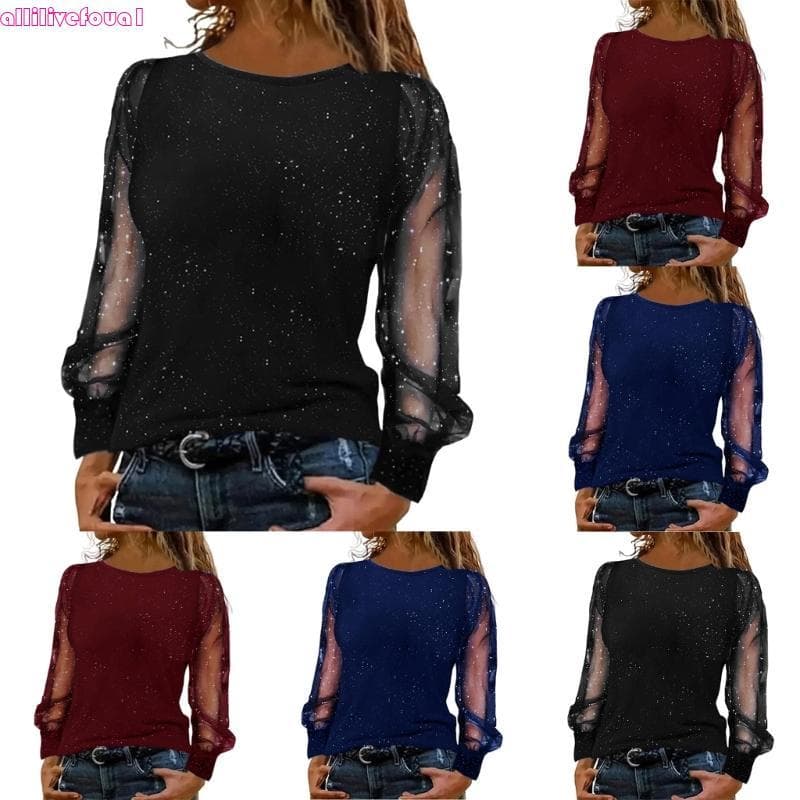 allilivefoua1 Glitter Festa Feminina Longa Festiva Lantejoulas Camisa Blusa Preta Elegante Roupa Moderna Me