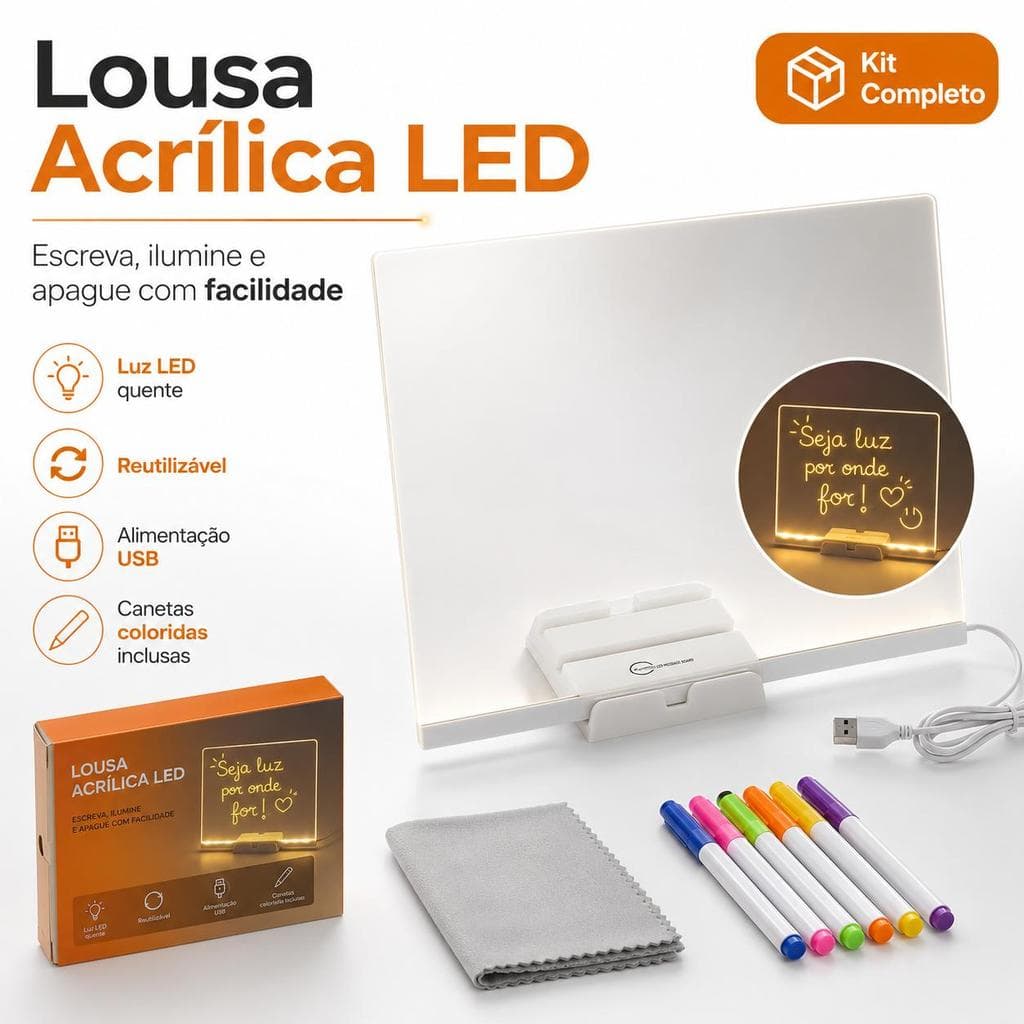 Lousa Acrílica LED 15x15cm com Canetas Coloridas, Quadro de Recados Iluminado USB Reutilizável para Decoração, Estudo e