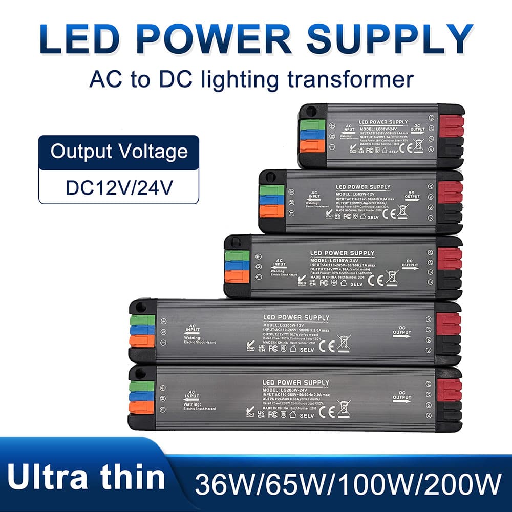 Safe Certified LED Lighting Transformer Ultra Thin 36W/65W/100W/200V Power Supply