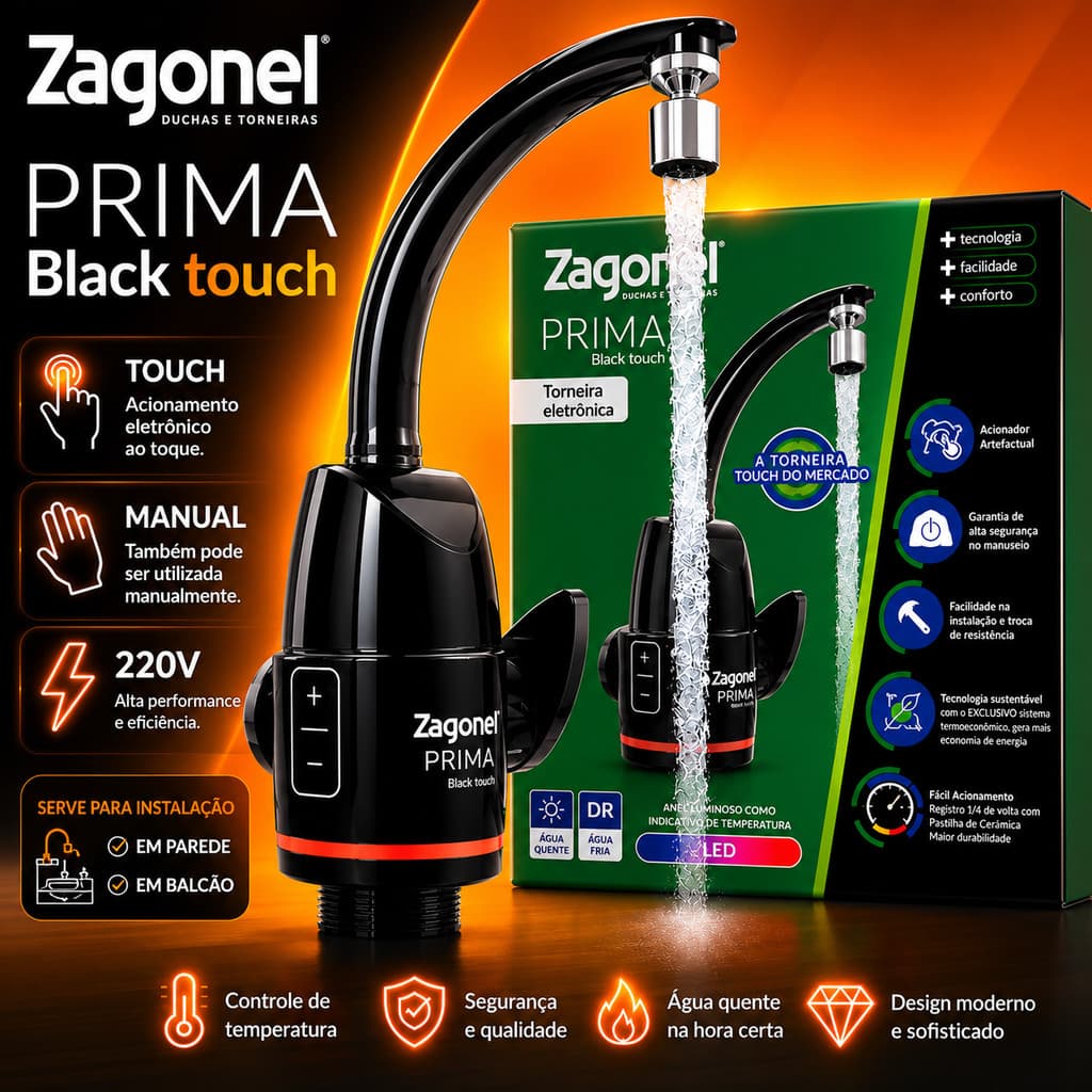 Torneira Elétrica Zagonel Prima Black Touch ou Manual 220V Serve Balcao ou Parede