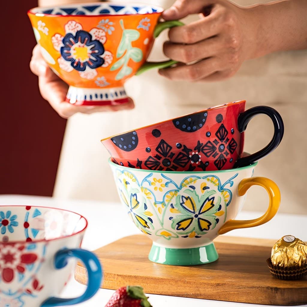 Grande capacidade doméstico Underglaze cor copo de café da manhã cerâmica pintado à mão copo Pastoral beber caneca leite