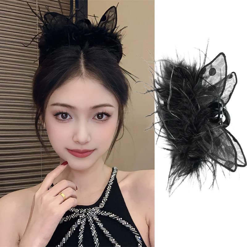 Orelhas de gato pena Grab clip feminino 2026 novo estilo Super fada puro desejo grampo de cabelo volta cabeça cabelo tub