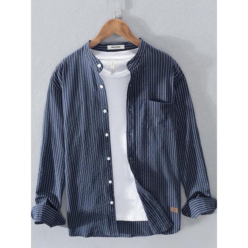 2026 novo estilo masculino gola alta listrado algodão Casual camisa de manga comprida masculina sem gola Cardigan camisa