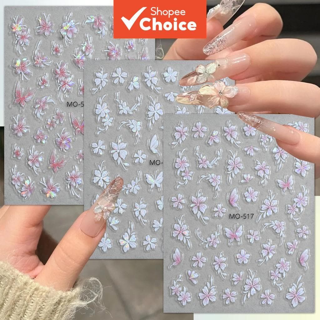 3/6 Folhas de Adesivos para Unhas Artísticas com Flores e Borboletas 5D Iridescentes em Relevo Autoadesivos para