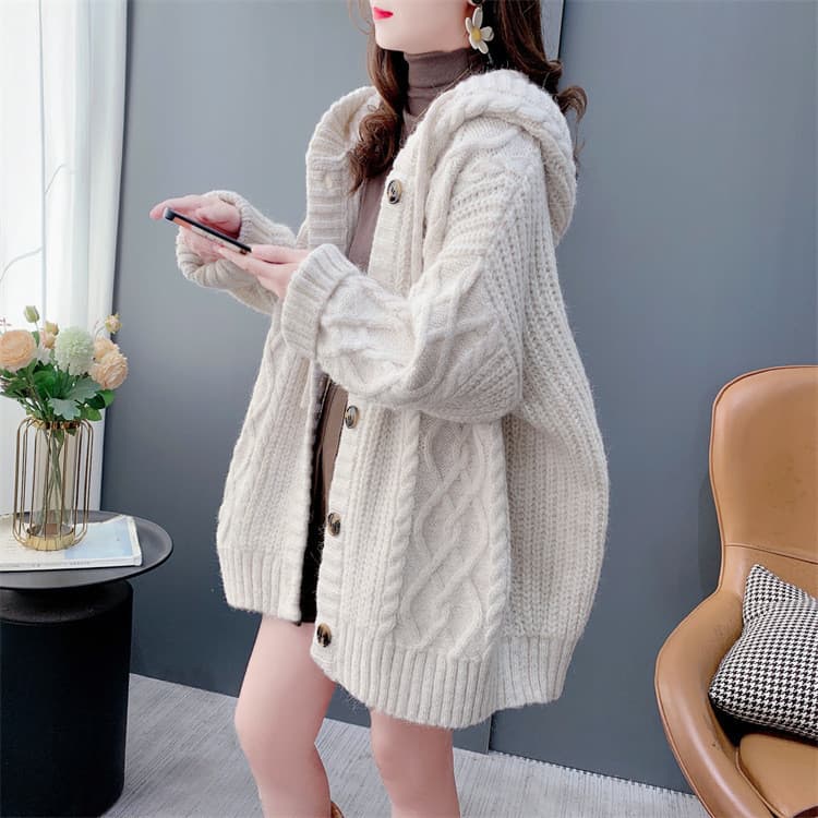 Estilo preguiçoso Retro camisola com capuz de malha Cardigan feminino outono inverno 2026 feminino solto comprimento méd
