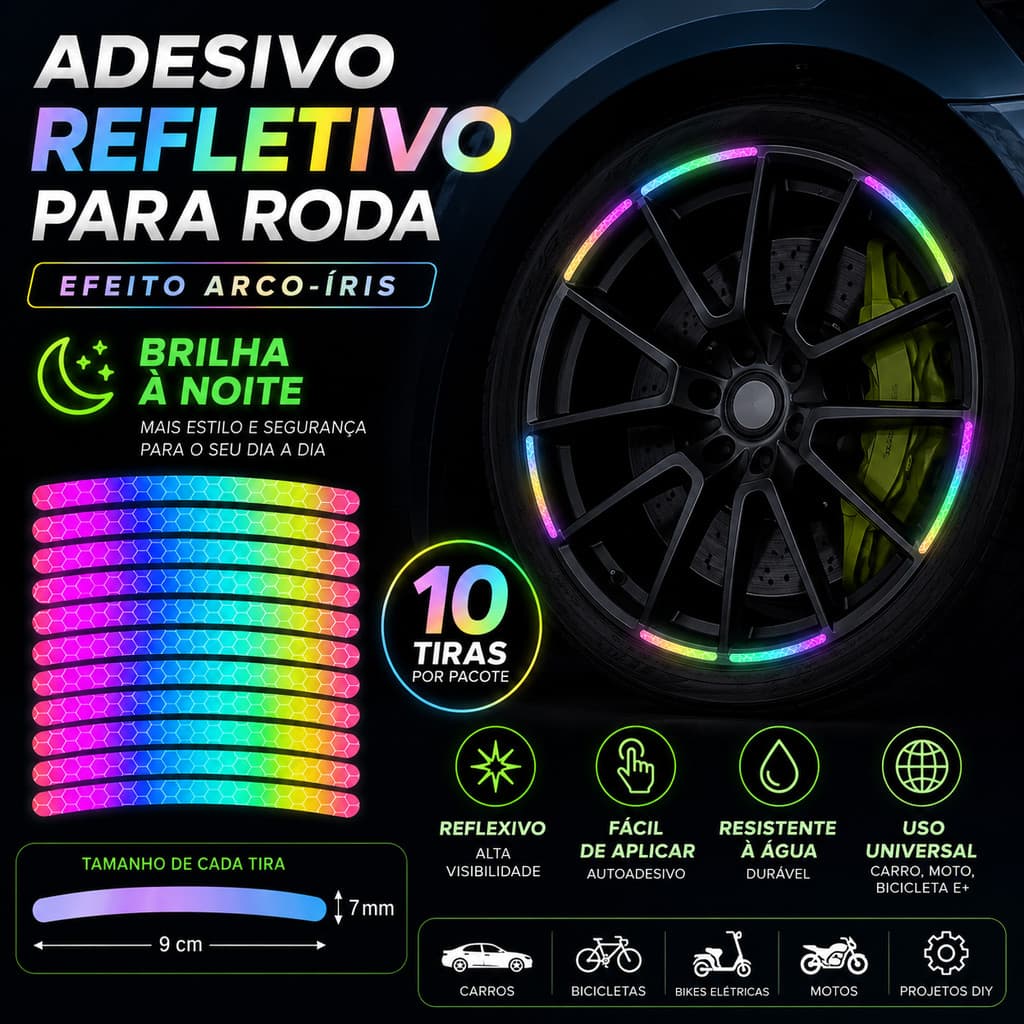 Adesivo Refletivo Arco-Íris Para Aro De Roda , Fita Universal Decoração De Motocicleta E Carro