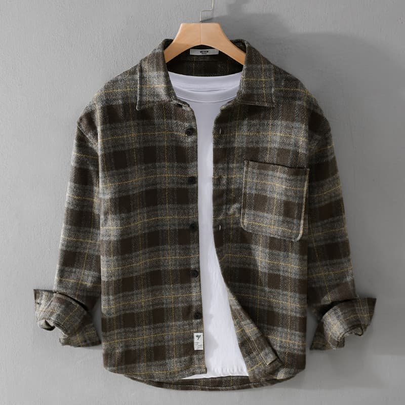 Renben outono inverno roupas masculinas escovado xadrez camisa de manga comprida jaqueta quente de lã masculina Casual s