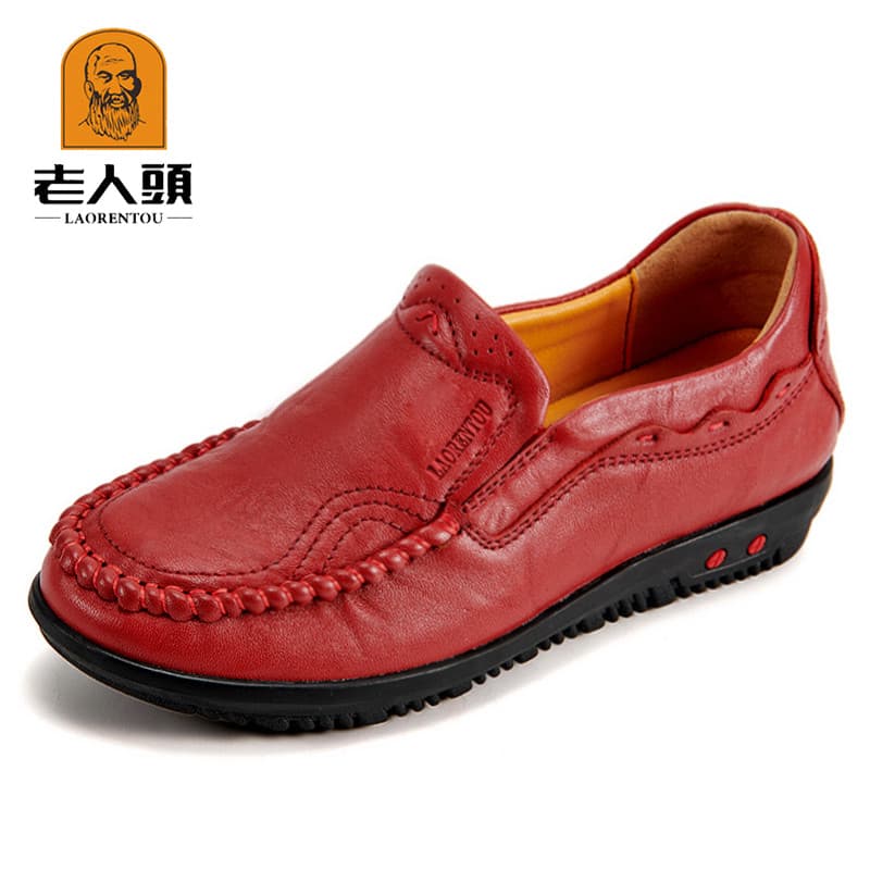 Sapatos de couro para idosos de meia-idade, sapatos femininos de sola macia e confortáveis para mãe, sapatos planos para