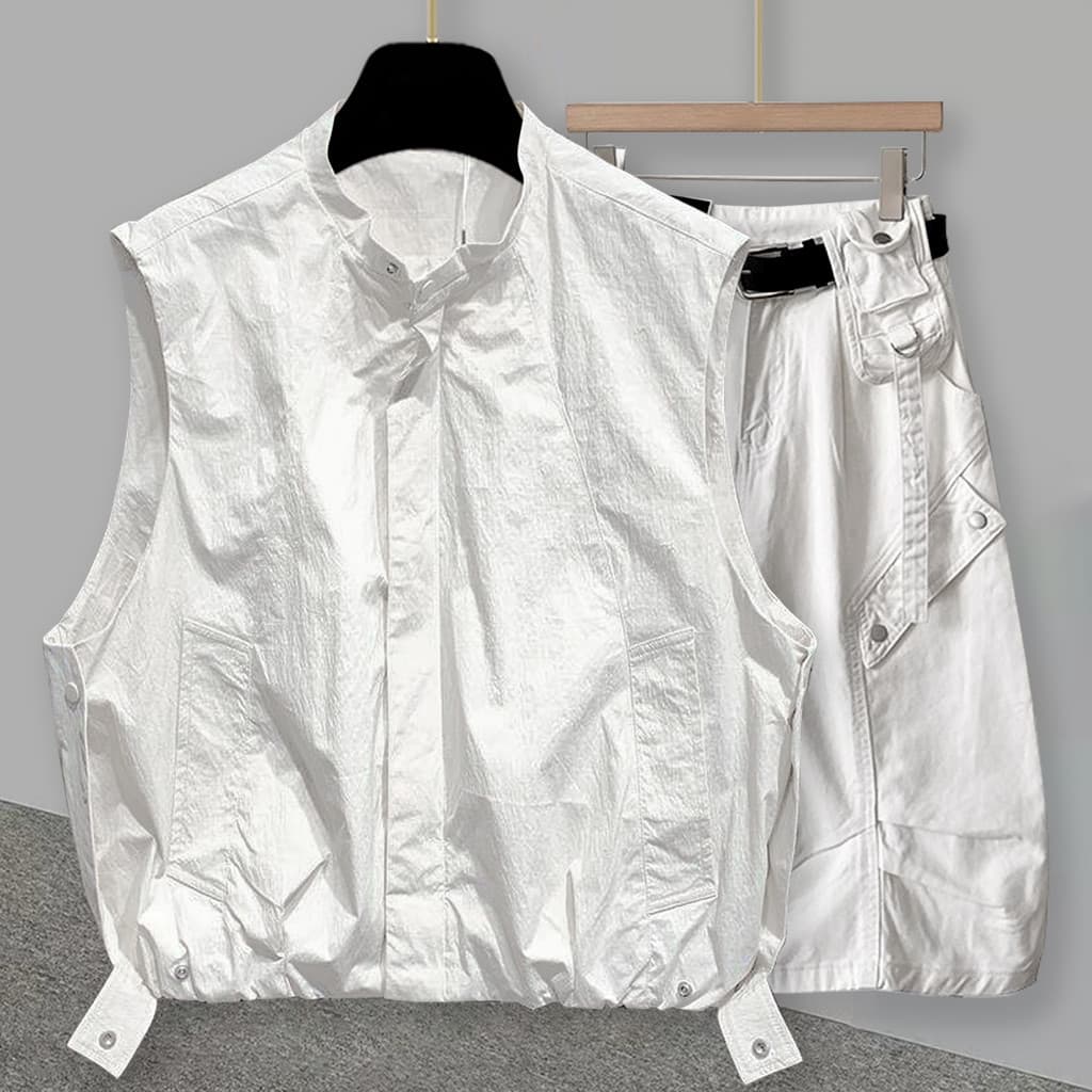 Gola estilo geral sem mangas colete terno das mulheres dos homens verão cor sólida Multi-bolso colete calças cortadas co