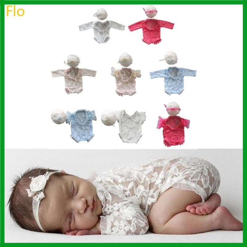 Flo Bebê Foto Roupas Princesa Renda Macacão Bandana Comprida Recém-Nascido Chuveiro Festa Posando P