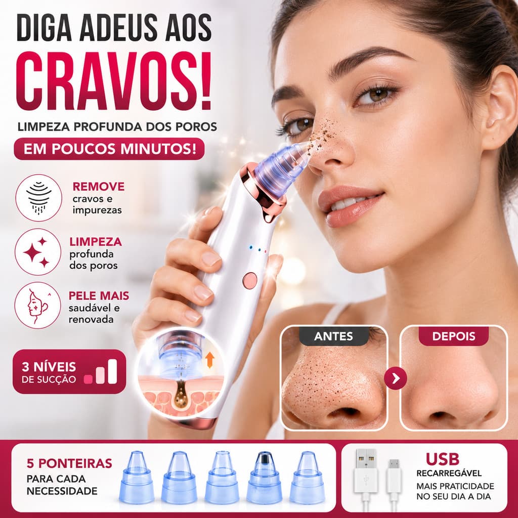 Removedor de Cravos e Espinhas Sugador de Poros USB Recarregável 3 Níveis Sucção 5 Bicos Limpeza Facial