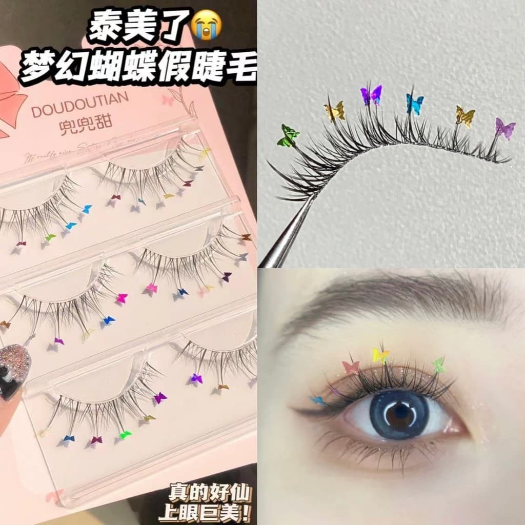 Doudou doce ins Thai Comics lantejoulas Laser borboleta cílios postiços de uma peça haste transparente simulação Natural