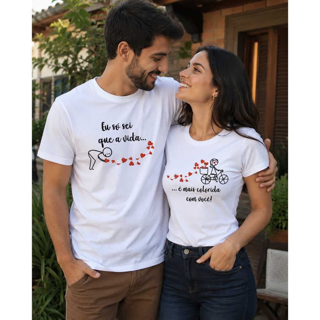 Kit 2 Unidades Camiseta Namorados Casal Bicicleta Corações Confortavel Premium Algodão