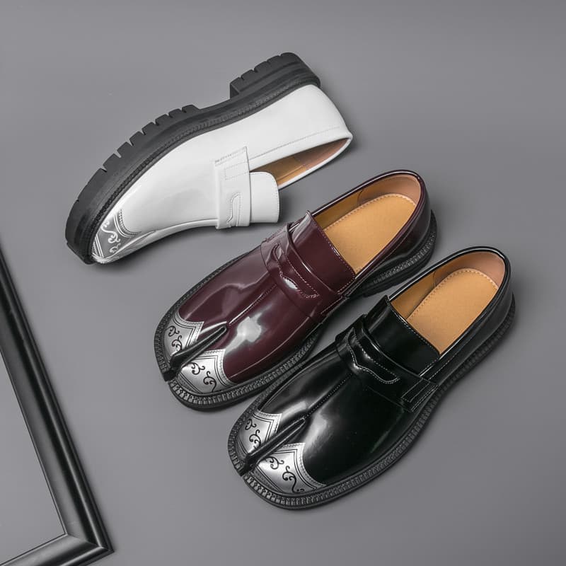 Estilo Retro japonês Split Toe mocassins ins moda sapatos de couro Formal Wear Derby sapatos exclusivos preguiçosos sapa