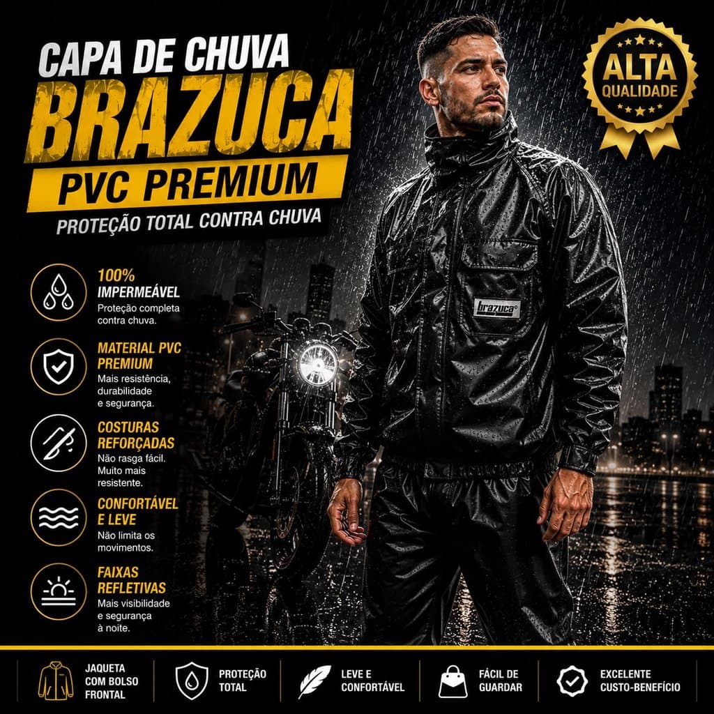 Conjunto completo de capa de chuva Brazuca reforçada 100%  impermeável em PVC Premium para motociclistas adultos