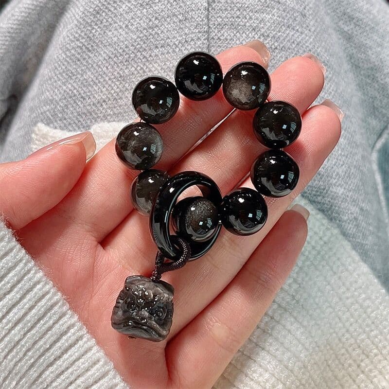 Pulseira de obsidiana torcida à mão para mulheres, pequenas contas para brincadeiras com os dedos, contas Bodhi com tema