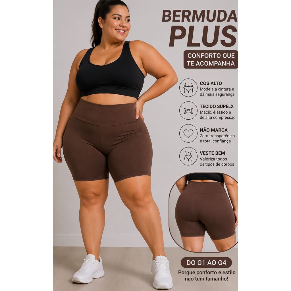 Bermuda Plus Size Feminina Lisa Suplex Cintura Alta Academia Fitness