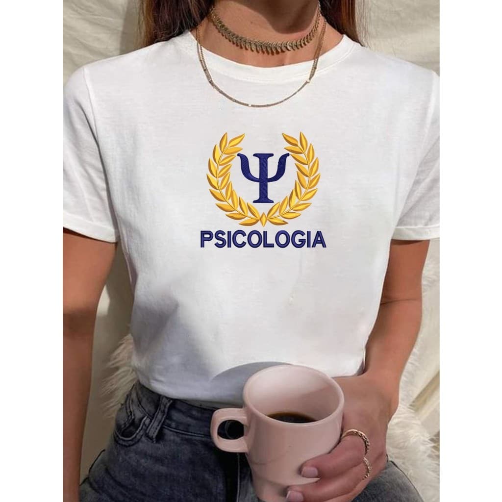 Camiseta Feminina  Tshirt Psicologia Curso Faculdade Simbolo Azul Dourado 100% Algodão