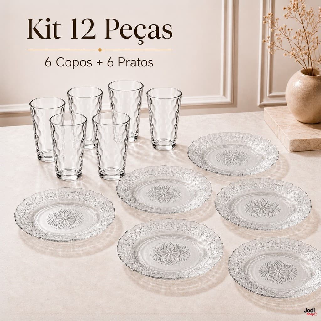 Kit de Copos e Pratos de Vidro Transparente com Relevo