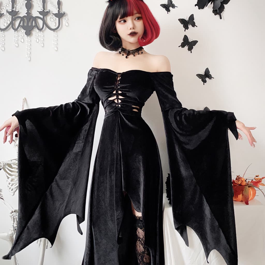 Vestido longo gótico preto, adequado para fantasias de Halloween, bruxa, vampiro e ceifador. 
     YL40