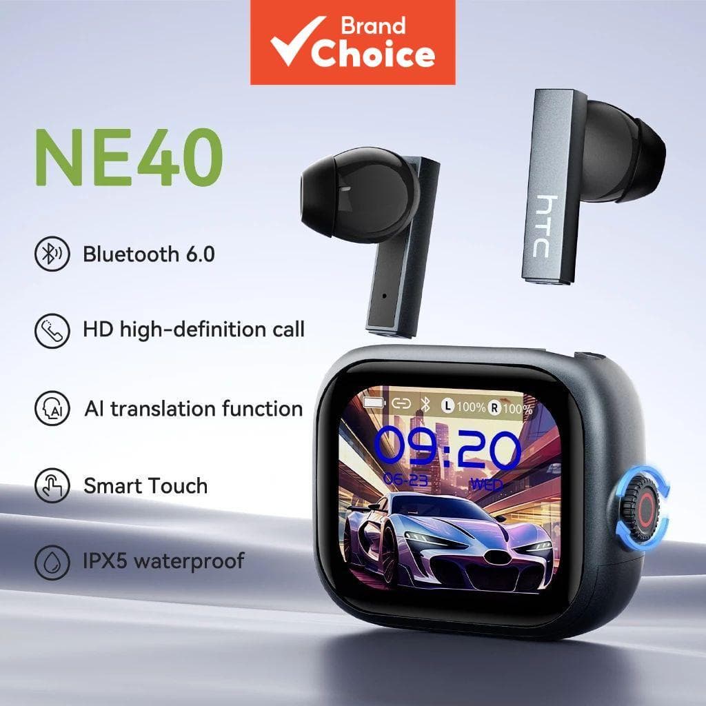 Fones de Ouvido Sem Fio HTC NE40 Bluetooth 5.4/6.0 com Tela Sensível ao Toque LCD, Fones de Tradução AI à Prova d'Água,