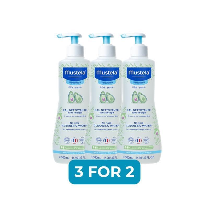 Pacote 3 PAGA 2 - Água de Limpeza Sem Enxágue Mustela 500ml |   Água Micelar de Limpeza para Bebês |   Fórmula suave, se