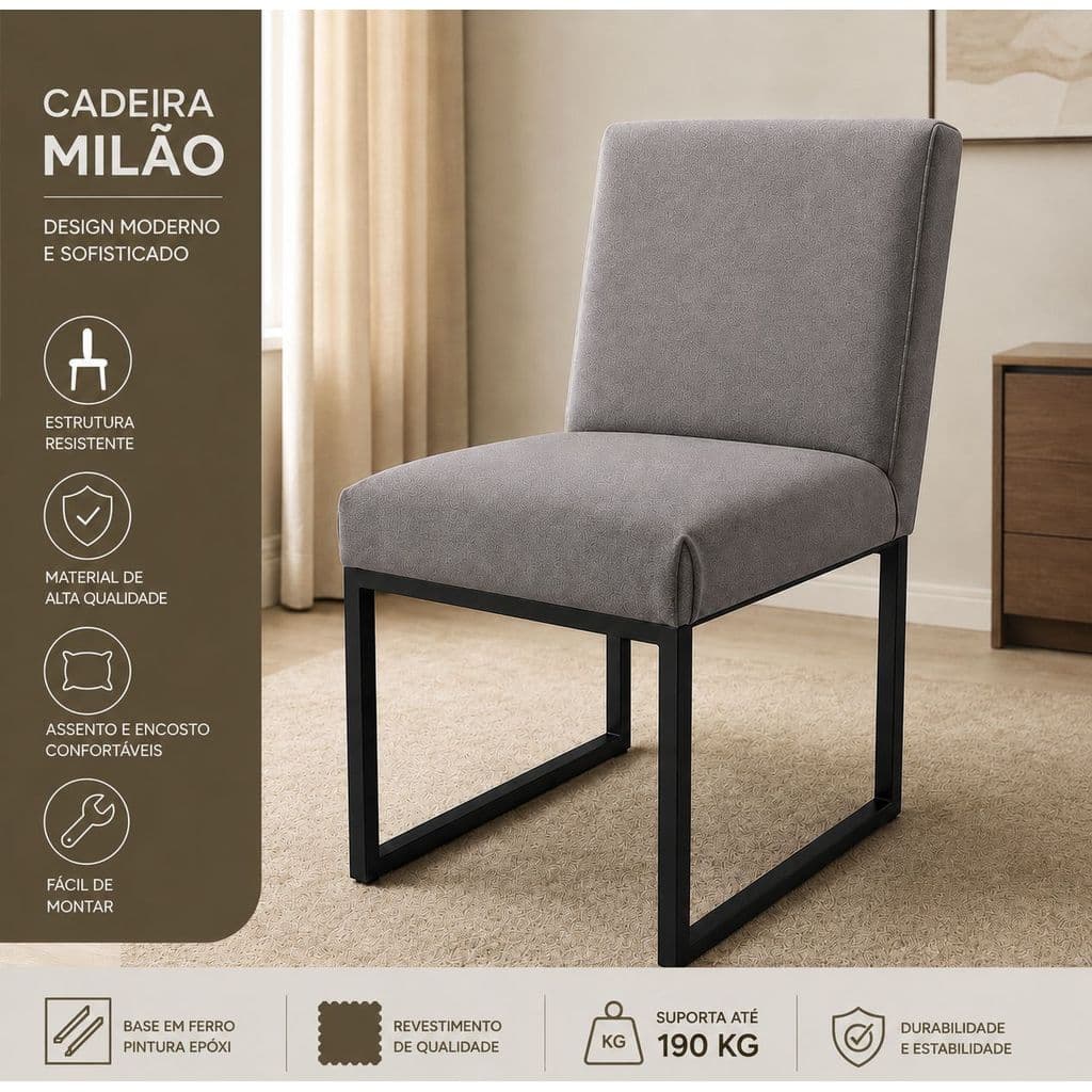 Cadeira Estofada Milão Moderna Base de Ferro Preto para Mesa de Jantar