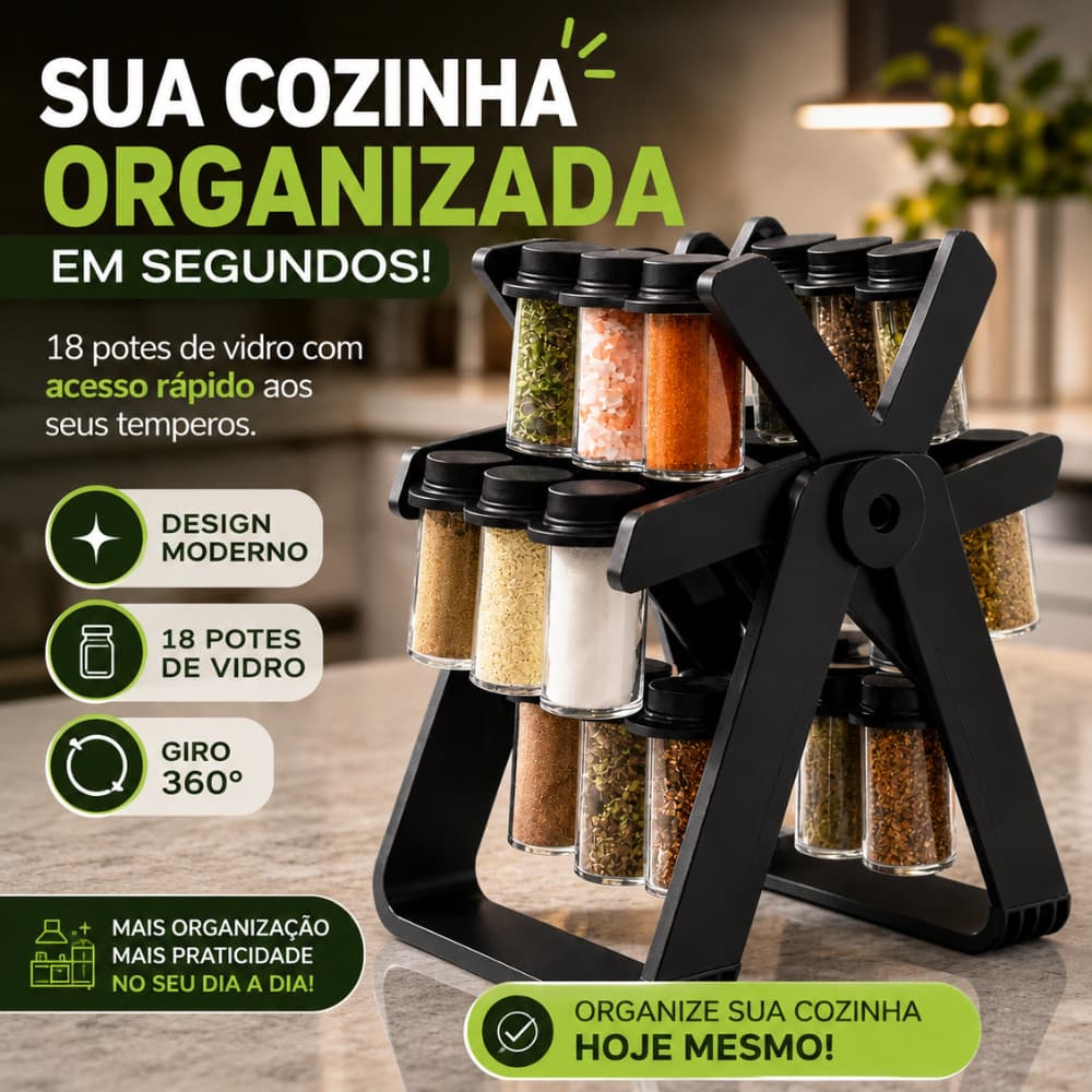 Porta Temperos Profissional Giratório 18 Potes Vidro com Tampa Dosadora Condimentos - 18 Potes Preto