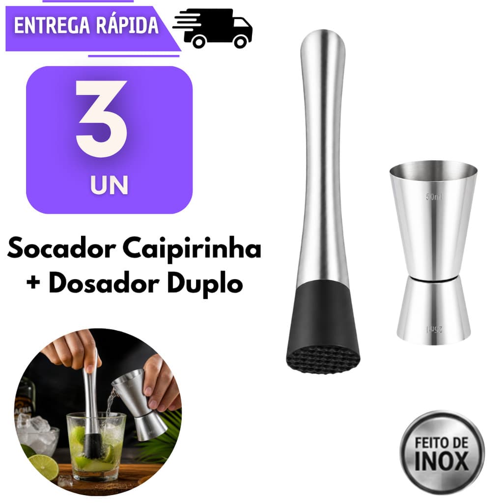Kit Drinks 3 Socador E 3 Dosador Duplo Em Inox 25ml 50ml Drinks Ideal Para Bebidas Coquetel Bar Barman Macerador Bebida