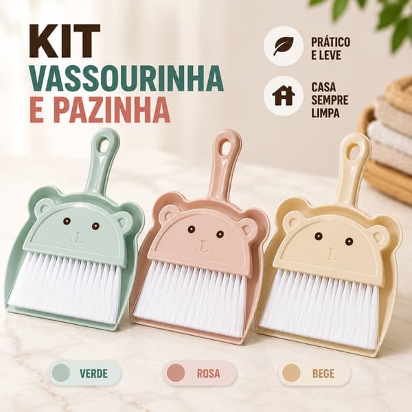 Kit Mini Vassoura e Pá 21x16cm Plástico Ursinho Vassourinha de Mão Pazinha Lixo Limpeza Mesas Teclados Armários Cozinha