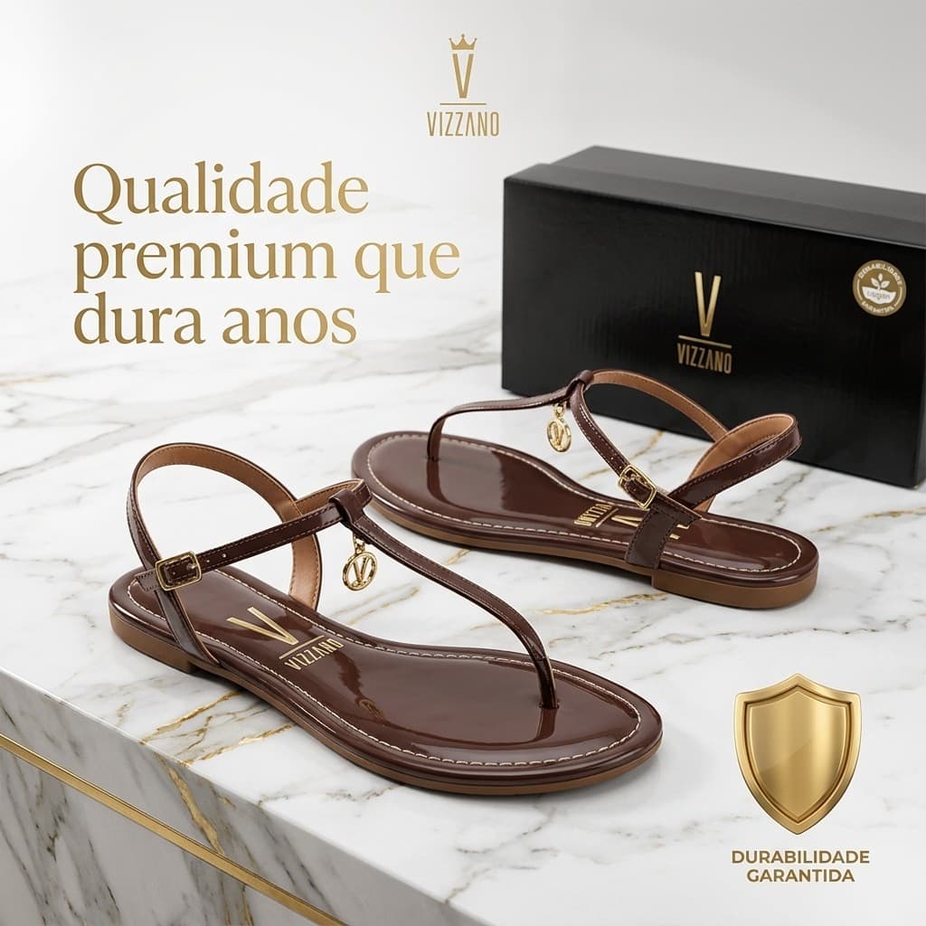 Sandália Rasteira Feminina Marrom Verniz com Strass e Tira Ajustável Confortável Casual Elegante Vizzano