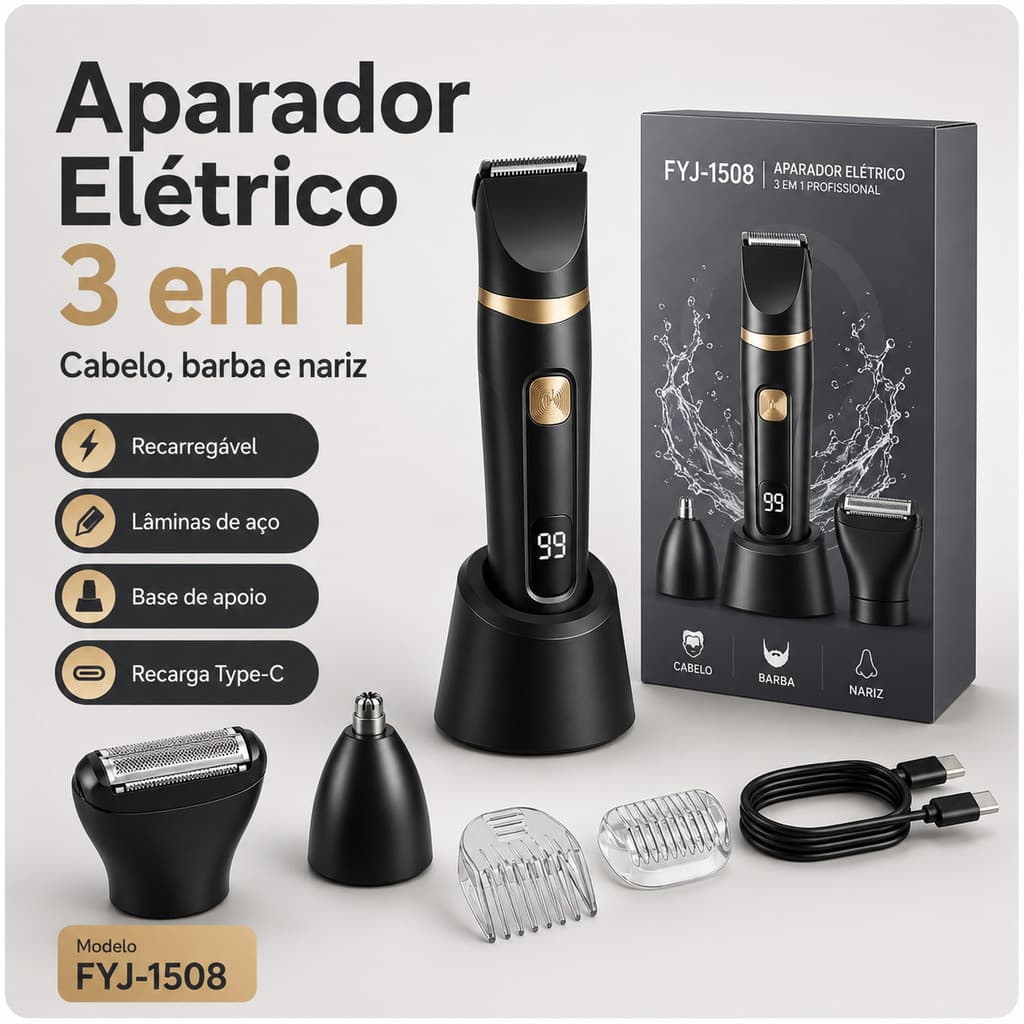 Máquina de Cortar Cabelo Masculina 3 em 1 Recarregável FYJ-1508 com Barbeador e Aparador de Nariz