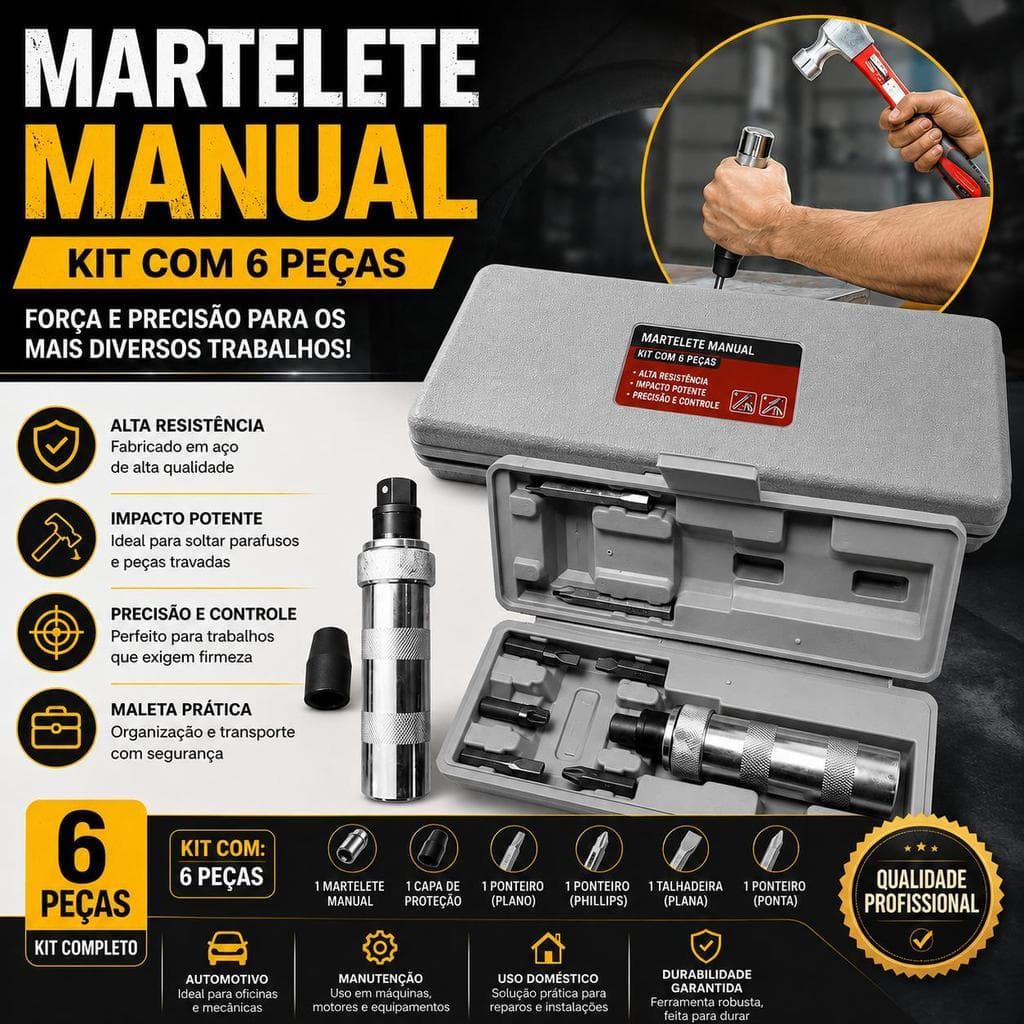 Martelete Chave De Impacto Manual 1/2 Pol. Profissional Com Bits Com 6 Peças + Maleta
