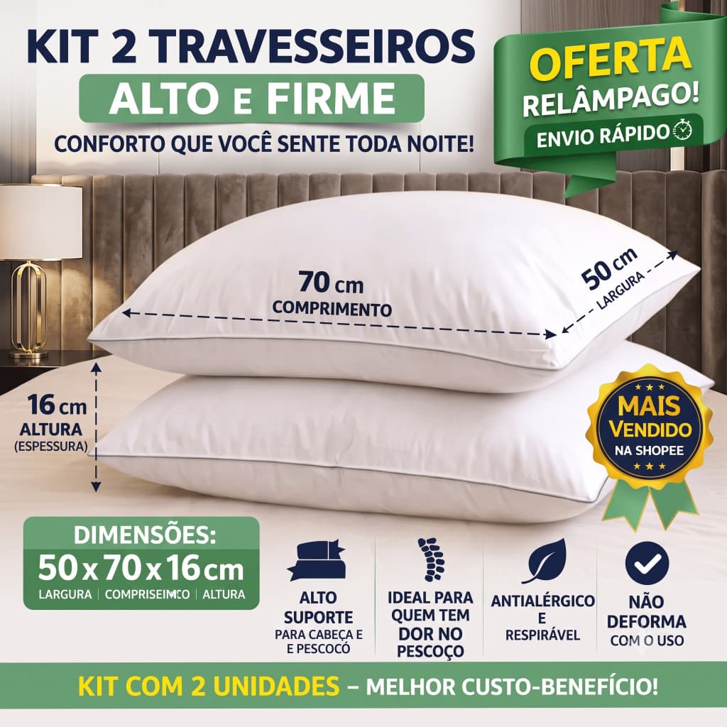 Kit 2 Travesseiro Alto Firme Antialérgico Conforto Preço De Fábrica 70x50x16cm Qualidade Premium