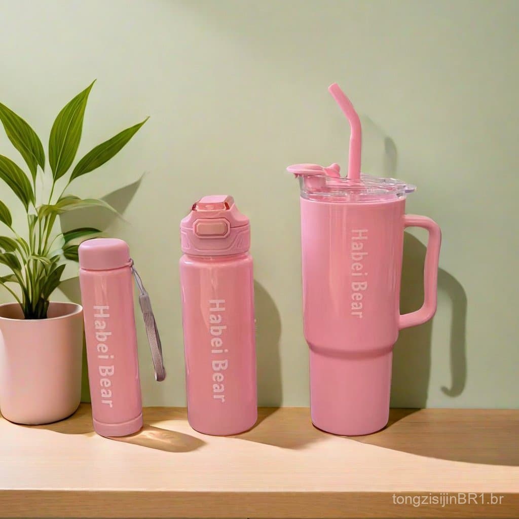 Conjunto de três peças de copo plástico para viagem, 40oz, copo para carro de grande capacidade, com alça portátil e can