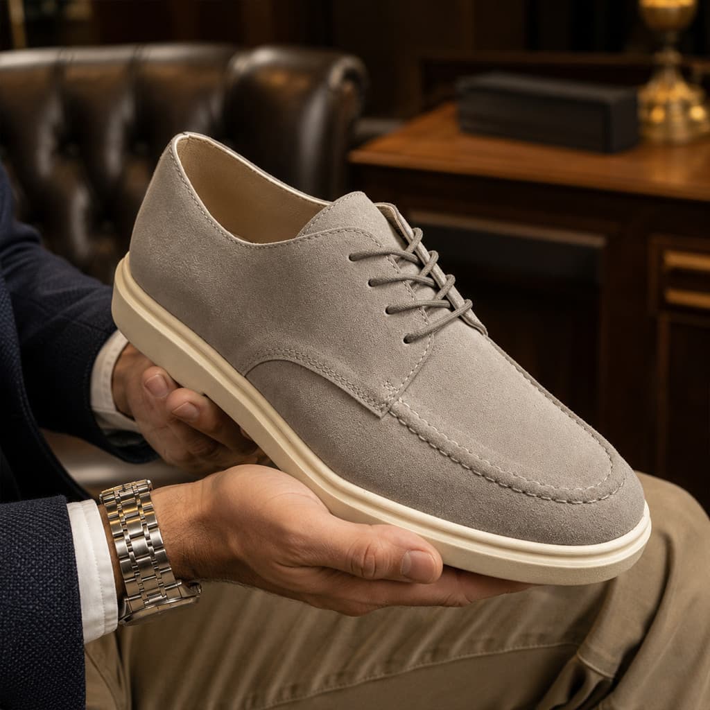 Sapato Casual Masculino Cinza Camurça com Cadarço Sola Clara Confortável para Trabalho Eventos Ideal com Envio Rapido